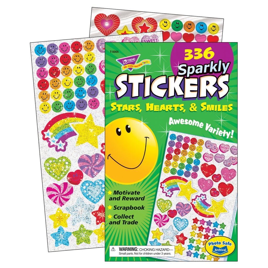 TREND® Sparkly Stars, Hearts, & Smiles Sticker Pad — 336 Stickers