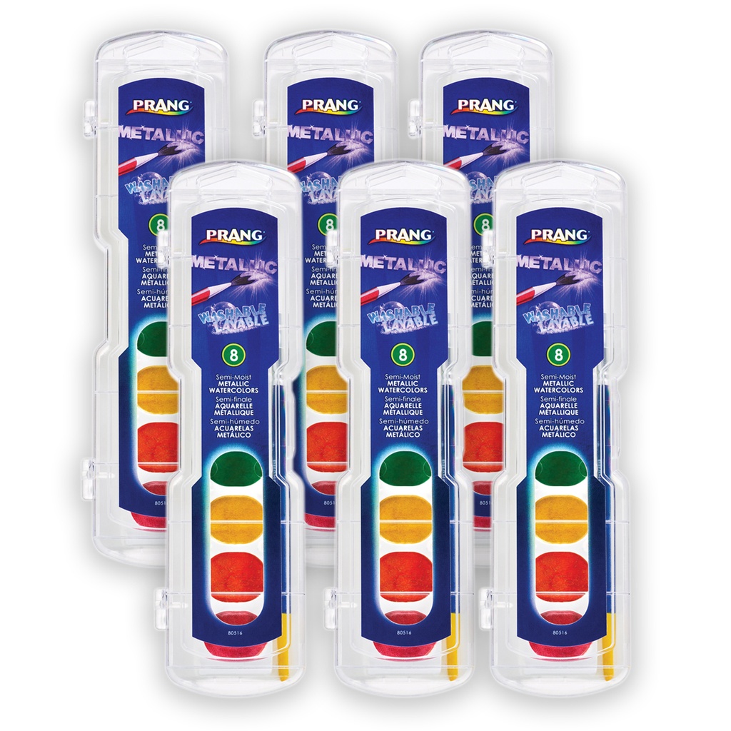 Metallic 8 Color Washable Watercolors Set with Brush 6ct
