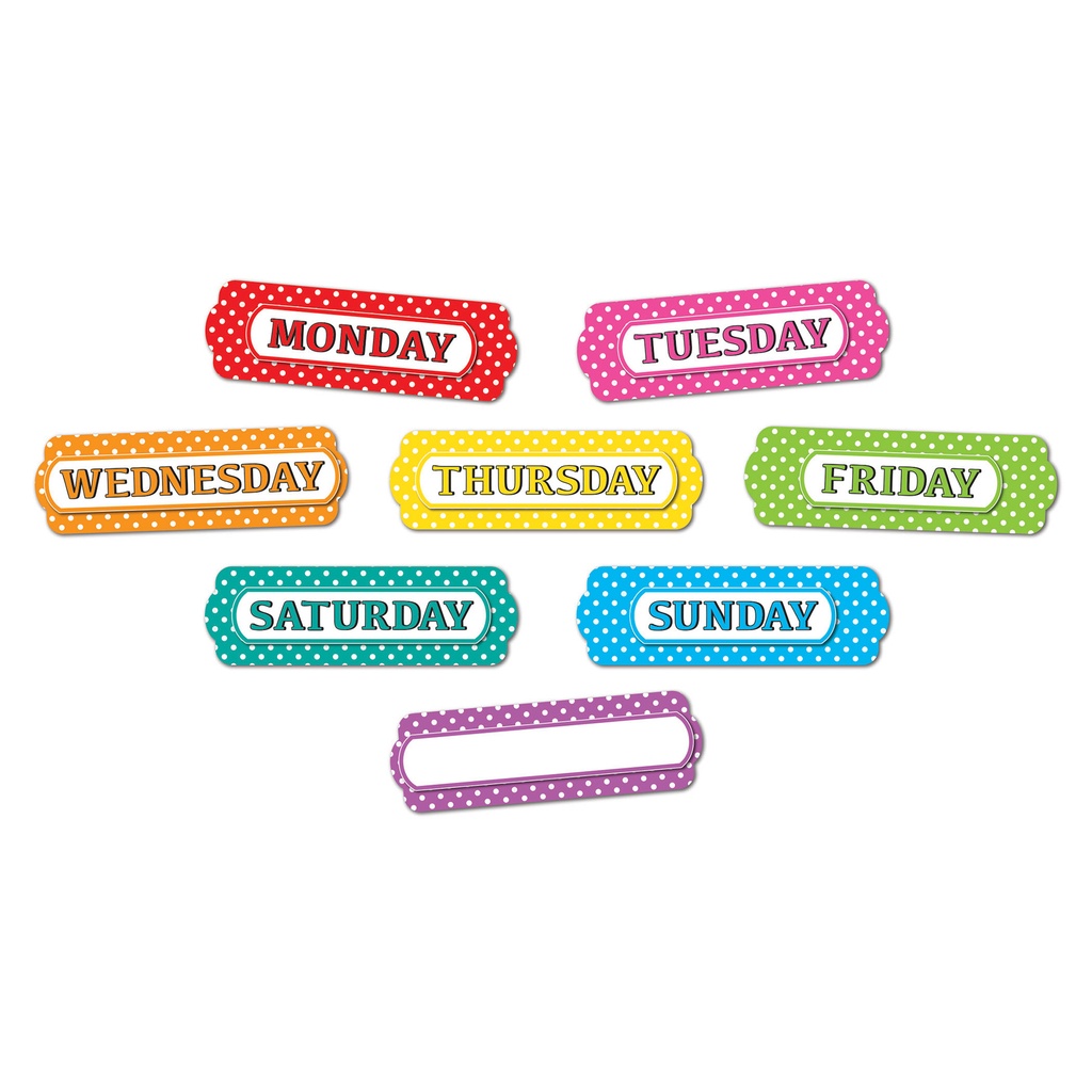 White Polka Dots On Assorted Colors Days of the Week Magnetic Die-Cut Timesavers & Labels 8 Pieces