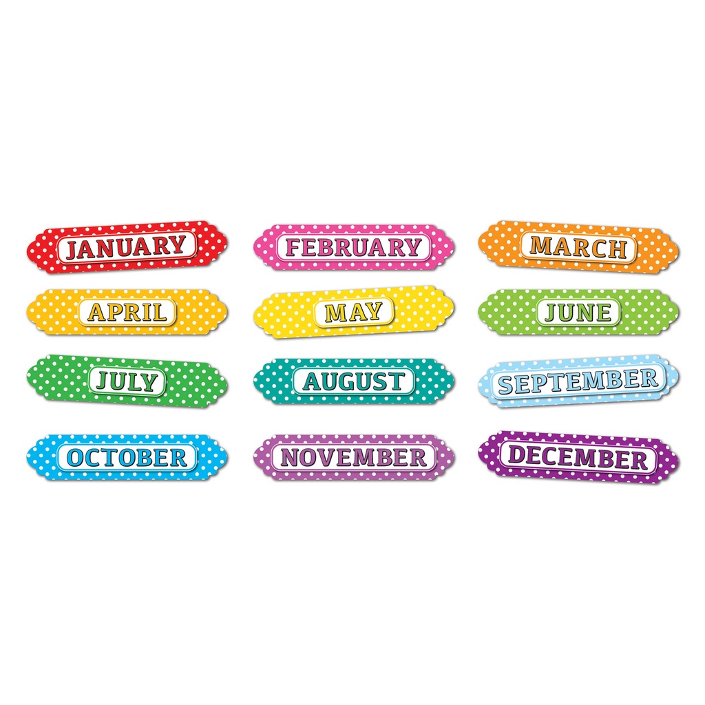 White Polka Dots On Assorted Colors Months of the Year Magnetic Die-Cut Timesavers & Labels 12 Pieces