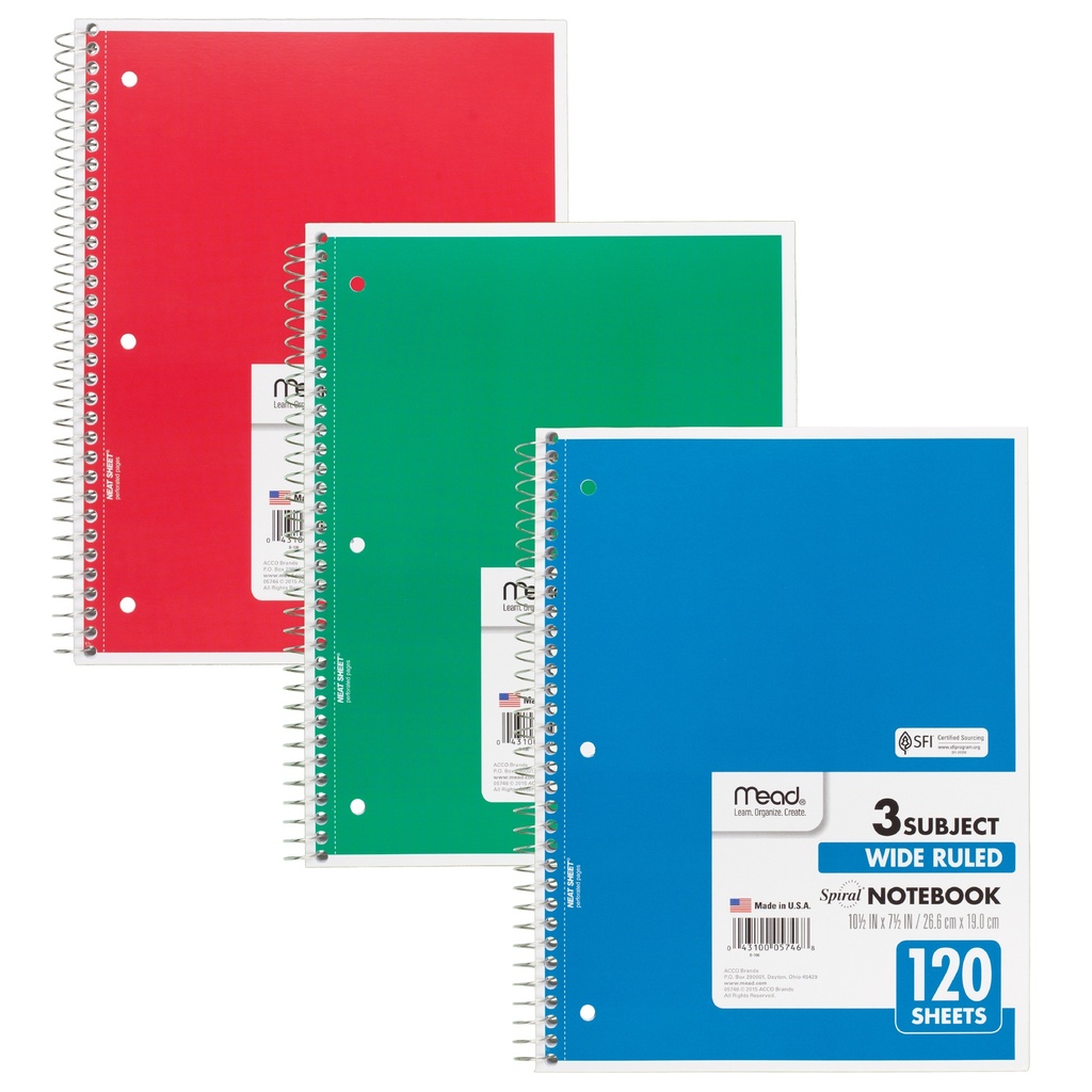 Mead® Spiral Notebook, 3 Subject, Wide Ruled, 120 Sheets,10 1/2" x 7 1/2" sheets, 120 sheets 