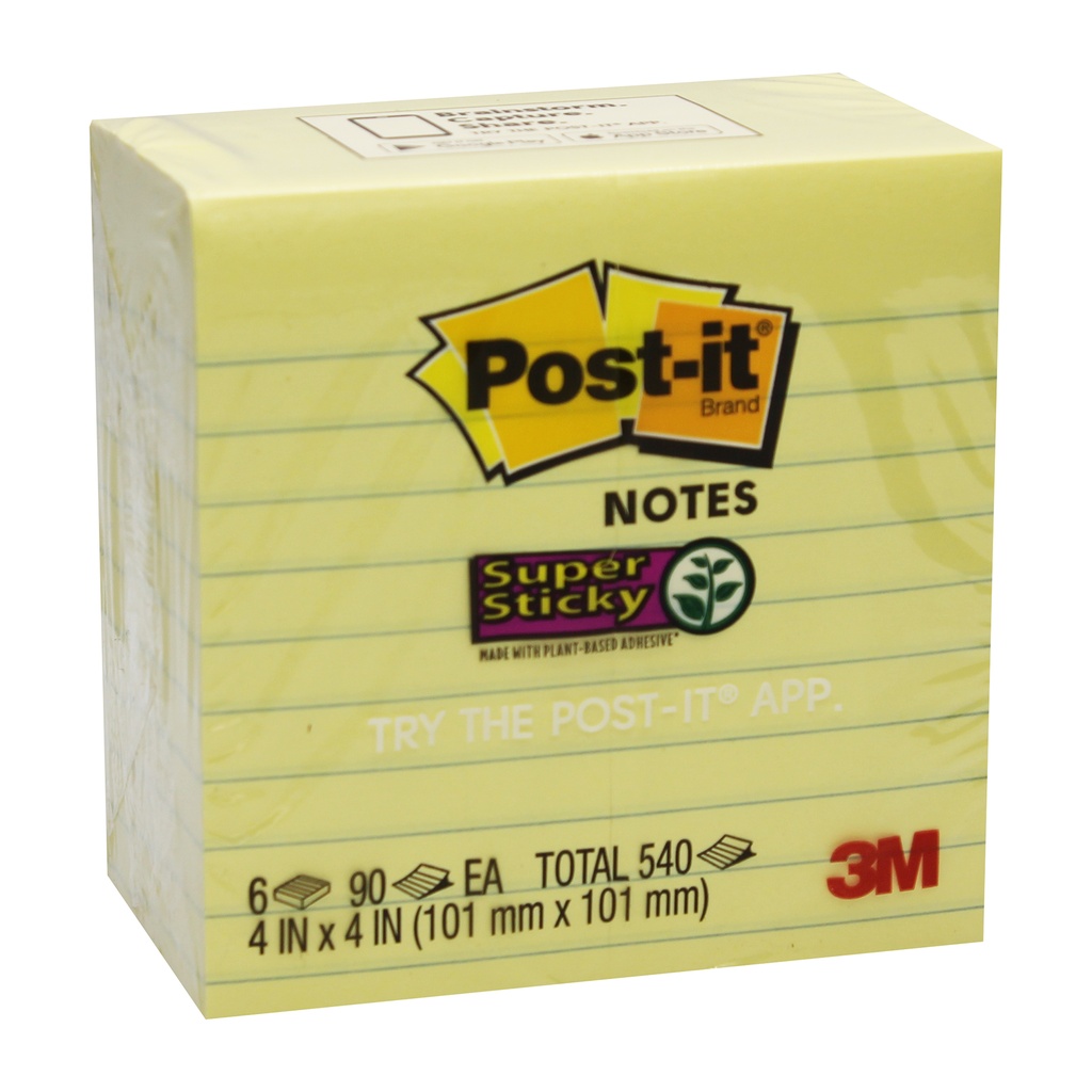 Lined Canary Yellow 4" x 4" Super Sticky Notes 6 Pads