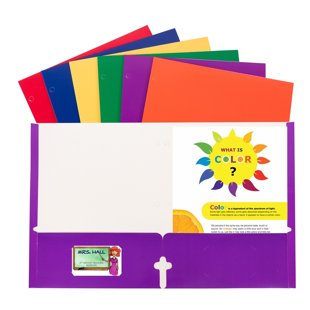 Assorted Primary Colors 2-Pocket Laminated Paper Folder with 3-Hole Punch Pack of 50