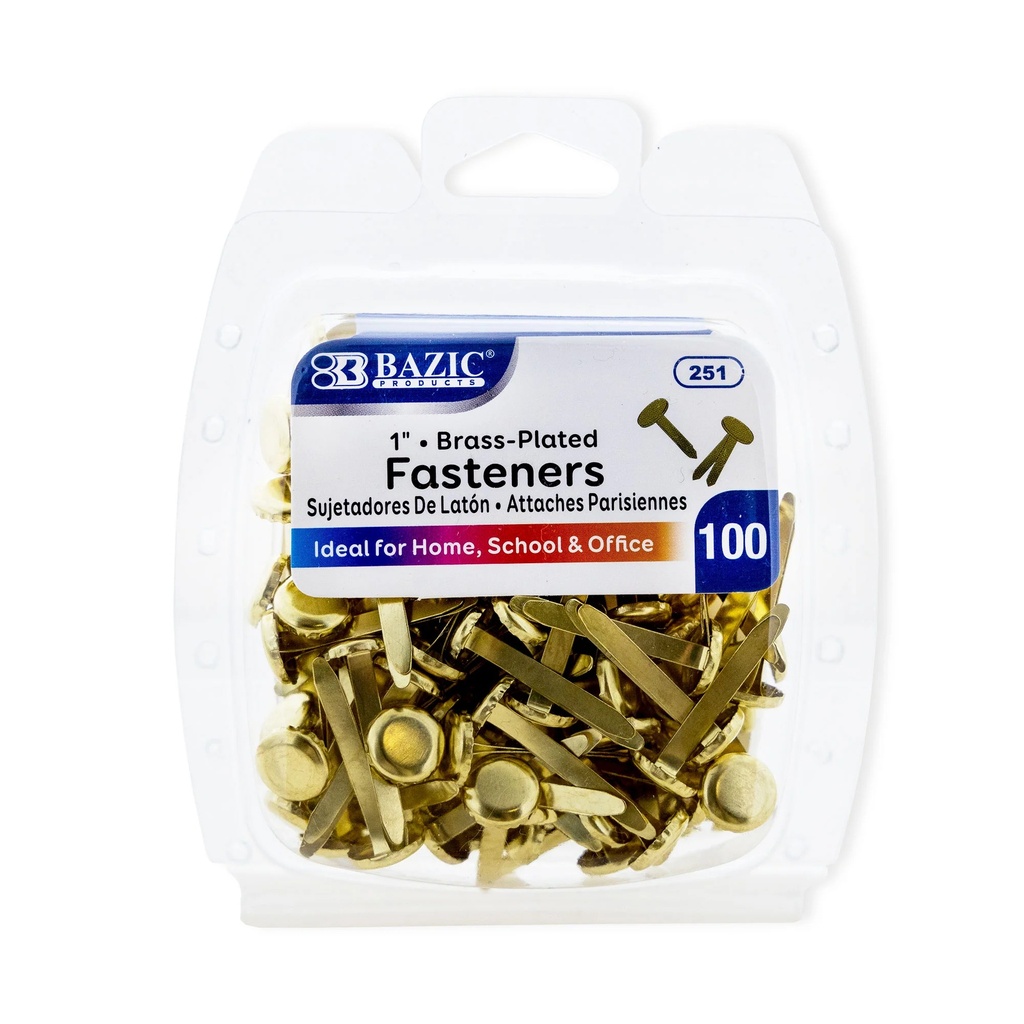 BAZIC® 1" Brass‑Plated Fasteners, Round Head, Length 1", Box of 100 fasteners