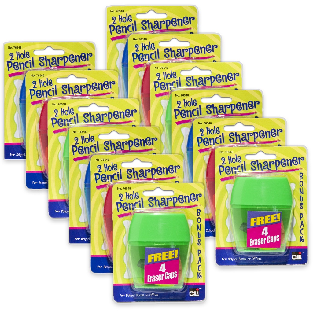 Assorted Two-Hole Pencil Sharpener with Catcher & Bonus Erasers Set of 12