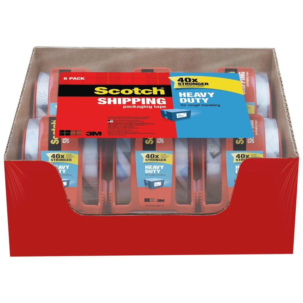 Scotch® Heavy‑Duty Shipping Packaging Tape with Dispenser, 1-7/8" x 800" per roll, 6 Rolls 