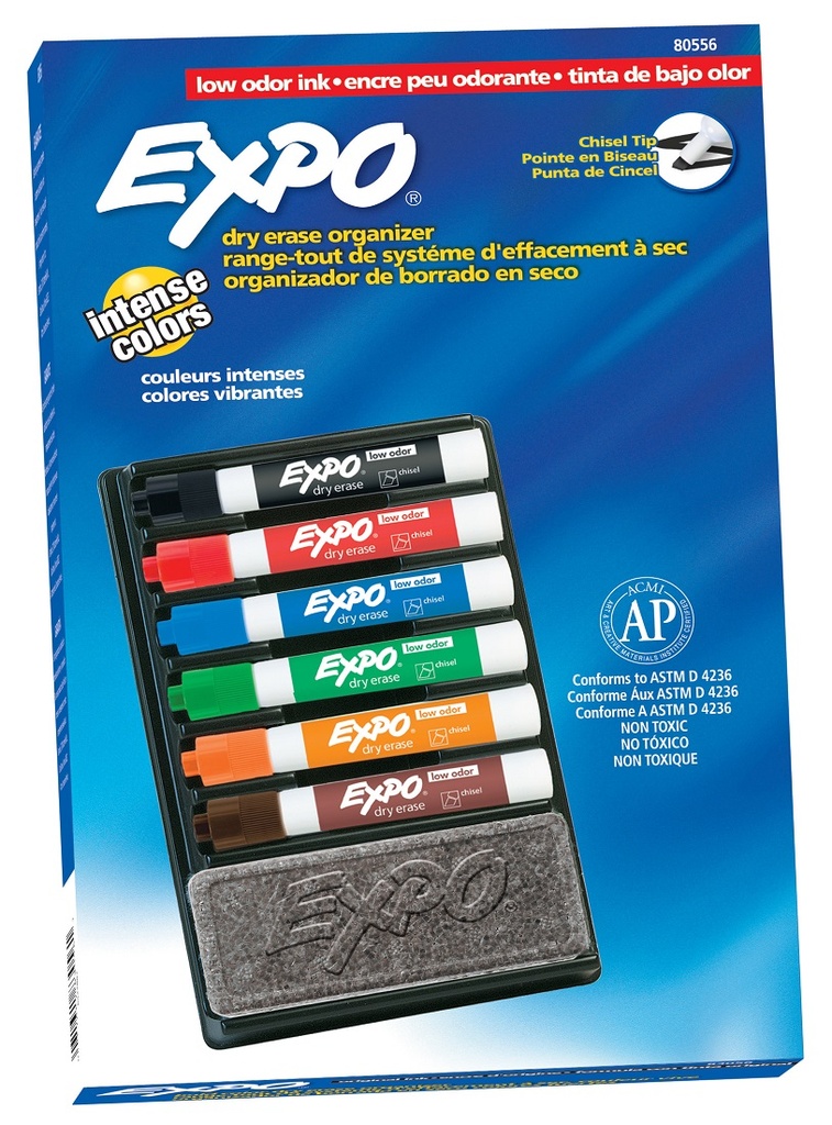 EXPO® Low‑Odor Organizer Kit — 6 Chisel Markers + Eraser & Tray