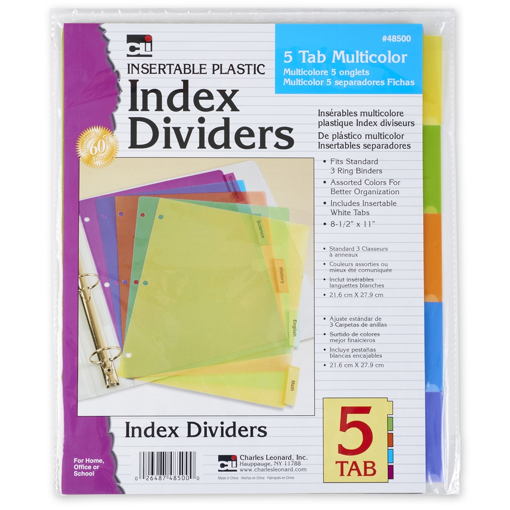 Index Dividers 5 Tabs Plastic Assorted Colors