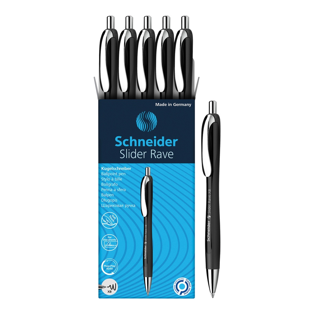 Black or Black & White Barrel/Blue Ink Schneider Slider Rave XB Retractable Ballpoint Pens Box of 5