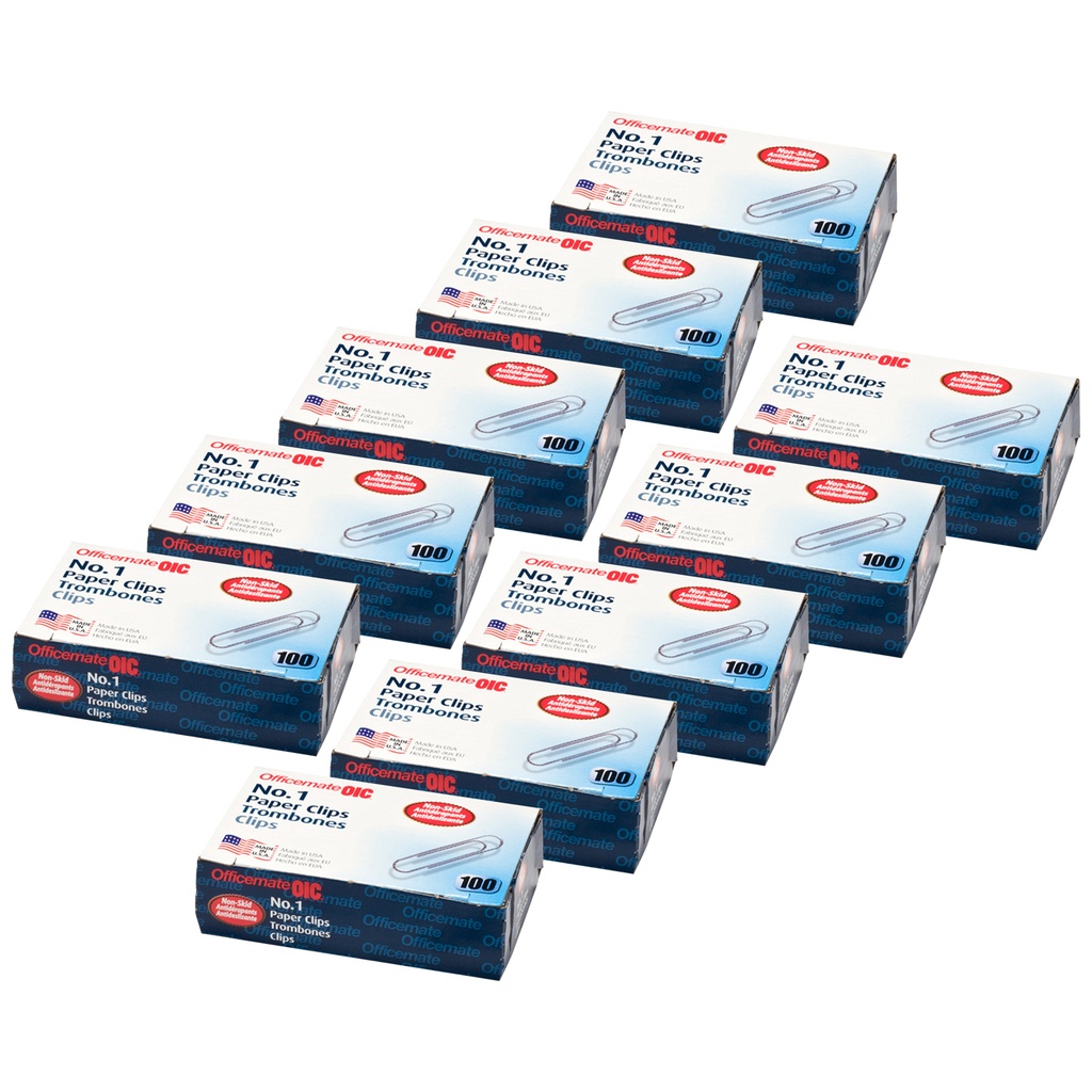 Officemate® Paper Clips, #1 Non-Skid, 100 Per Box, 10 Boxes — Paper Clips for Classroom & Office