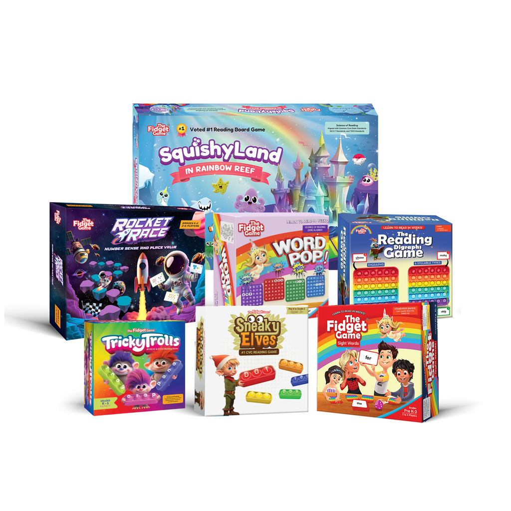 The Fidget Game® 1st Grade Learning Bundle (Shark Tank) — Hands-on literacy and math centers for Grade 1 that build sight word fluency, decoding, place value, and telling time