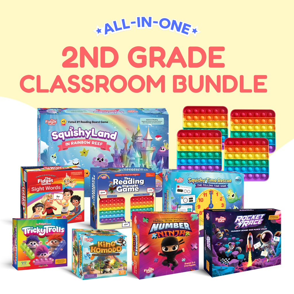 The Fidget Game® 2nd Grade Classroom Bundle — Game-based literacy and math stations that build sight word fluency, digraphs, place value, and time skills through hands-on play