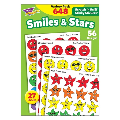 [83905 T] TREND® Smiles & Stars Stinky Stickers — 648 Stickers, 27 Sheets, 7/8"