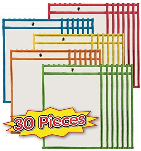 [29030 CLI] Charles Leonard® Dry Erase Pockets, Assorted Colors, 9" x 12" Inserts, 30/pack, Holds 9" x 12" inserts, 30 pockets