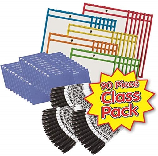[29190 CLI] Charles Leonard® Dry Erase Pocket Class Pack, 30 Sets, Holds 9" x 12" inserts, 30 pockets + 30 markers + 30 cloths