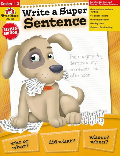 [205 EMC] Evan‑Moor® Write a Super Sentence — Grades 1–3, 64 pages