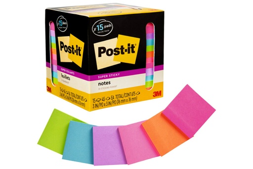 [65415SSCP MMM] Post‑it® Super Sticky Notes — 3" × 3", 15 Pads, Assorted Brights