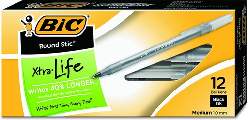 [GSM11BK BIC] BIC® Round Stic® Xtra Life Ballpoint Pens — Black, 1.0 mm, 12/Pack