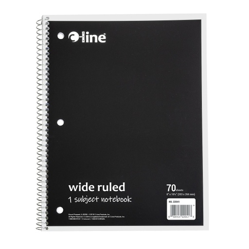 [22041 CL] 1‑Subject Notebook, Wide Ruled, Black, 70 Sheets