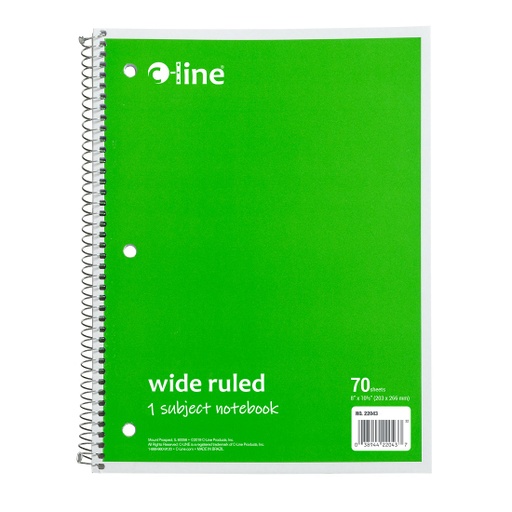 [22043 CL] 1‑Subject Notebook, Wide Ruled, Green, 70 Sheets