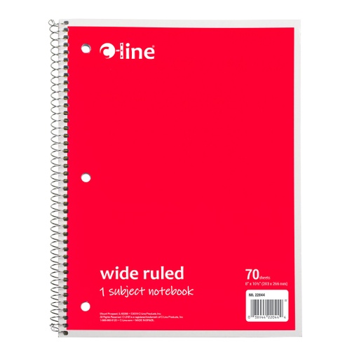 [22044 CL] 1‑Subject Notebook, Wide Ruled, Red, 70 Sheets