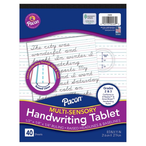 [P2469 PAC] Pacon® Multi‑Sensory Raised Ruled Tablet, Short Ruled, 8½"×11" — Tactile handwriting practice with raised baselines