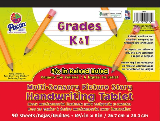 [P2472 PAC] Pacon® Multi‑Sensory Raised Ruled Tablet, Picture Story, 10½"×8" — Tactile handwriting plus picture story space