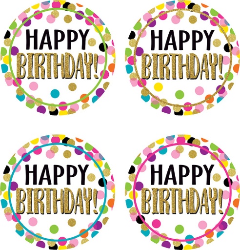 [5598 TCR] Teacher Created Resources® Confetti Happy Birthday Wear ’Em Badges — 32 Self‑Adhesive