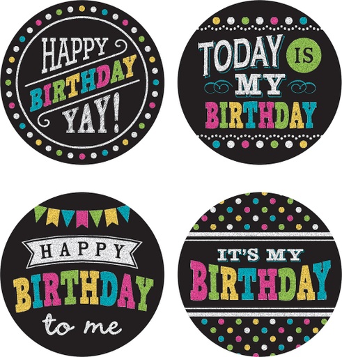 [5601 TCR] Teacher Created Resources® Chalkboard Brights Happy Birthday Wear ’Em Badges — 32 Self‑Adhesive