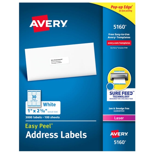 [5160 AVE] Avery White Easy Peel Address Labels with Surefeed 1" x 2 5/8"