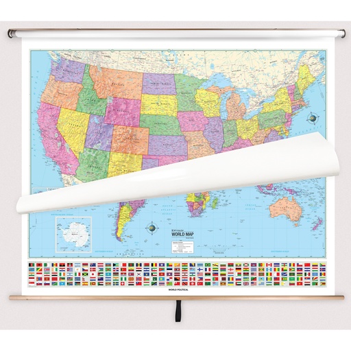 [916908 MAP] Classic US/World Map with Flags Classroom Pull Down 2 Map Bundle on Spring Roller