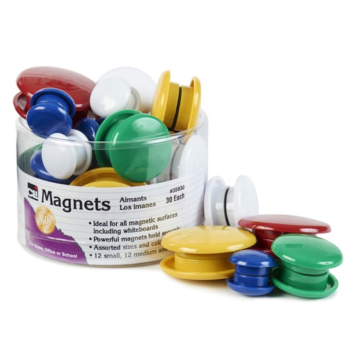 [35930 CLI] Charles Leonard® Round Magnets, Assorted Sizes & Colors, Tub of 30