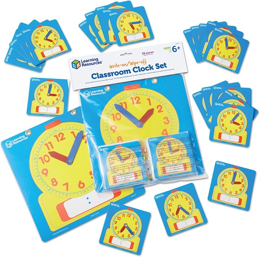 [0575 LER] Learning Resources® Write & Wipe Clocks Classroom Set,Student clocks 4.5" square; demonstration clock 12" x 12", 25-piece set (24 student clocks + 1 demonstration clock) 