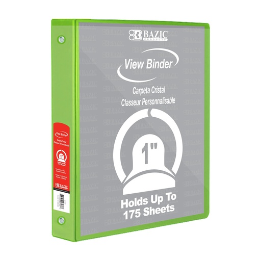 [4124 BAZ] BAZIC Products® 1" Lime Green 3‑Ring View Binder w/ 2‑Pockets — Customizable classroom binder