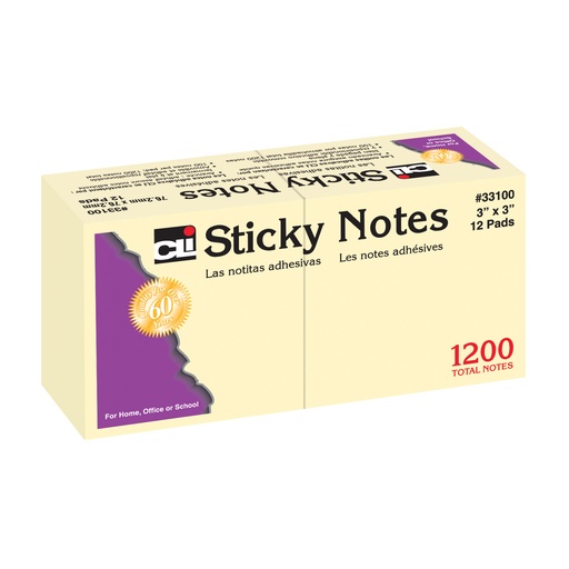 [33100 CLI] Charles Leonard® Sticky Note Pads, Yellow, 3" × 3", 100 Sheets, 12ct, Notes & Reminders