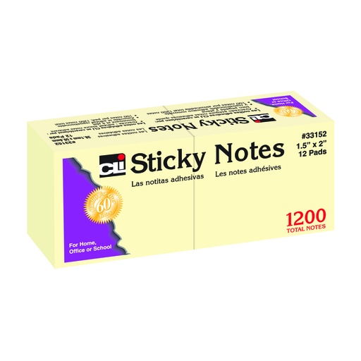 [33152 CLI] Charles Leonard® Sticky Note Pads, Yellow, 1 1/2" × 2", 100 Sheets, 12ct 