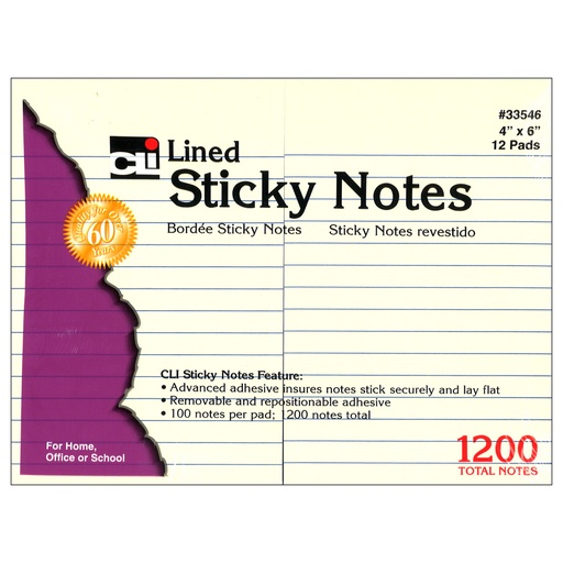 [33546 CLI] Charles Leonard® 12ct 4x6 100 Sheet Yellow Lines Sticky Note Pads