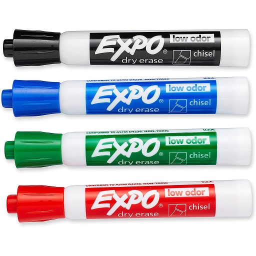 [80074 SAN] EXPO® Low‑Odor Dry Erase Markers — 4‑Color Chisel Tip Set