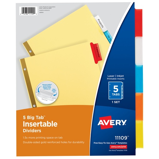[11109 AVE] Avery® Big Tab™ Insertable Dividers, 5‑Tab Set,8.5" x 11" (letter), 5 tabs per set 