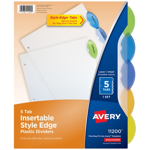 [11200 AVE] Avery® Insertable Style Edge™ Plastic Dividers, 5‑Tab,8½" x 11", 1 set, translucent tabs 