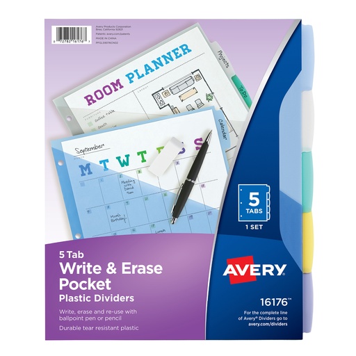 [16176 AVE] Avery® Write & Erase Plastic Dividers with Pockets, 5‑Tab,letter size 8.5" x 11" (wide/tabbed), 1 set (5 tabs) 