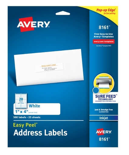 [8161 AVE] Avery® Easy Peel® Address Labels with Sure Feed® — 1" × 4" (Inkjet)