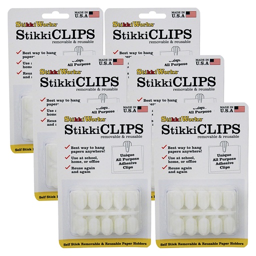 [01220-6 STIK] StikkiWorks® StikkiCLIPS™ Adhesive Clips, White, 20 Per Pack, 6 Packs,3/4" clip, 120 clips (6 packs of 20) 