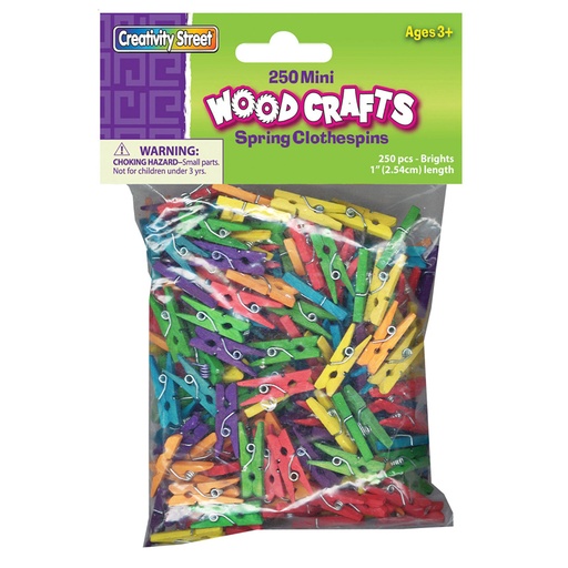 [AC367202 PAC] Mini Spring Clothespins, Bright Hues Assorted, 1", 250 Pieces