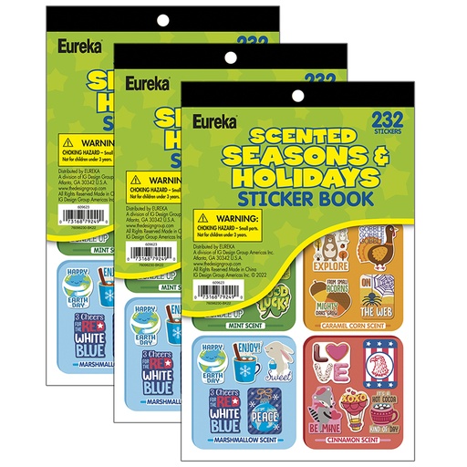 [609623-3 EU] Eureka® Seasons & Holidays Scented Stickerbook —Pack of 3, Year‑round scratch‑and‑sniff rewards