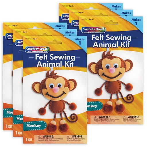 [AC5702-6 PAC] Felt Sewing Animal Kit, Monkey, 6.5" x 10.5" x 1", 6 Kits