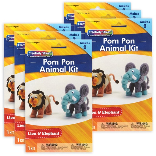 [AC5712-6 PAC] Pom Pon Animal Kit, Lion & Elephant, Assorted Sizes, 2 Animals Per Kit, 6 Kits
