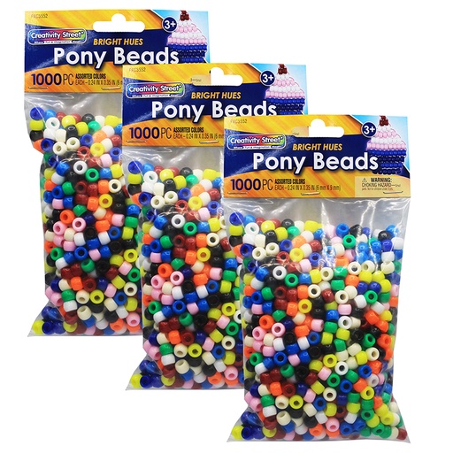 [AC3552-3 PAC] Pony Beads, Assorted Bright Hues, 6 mm x 9 mm, 1000 Per Pack, 3 Packs