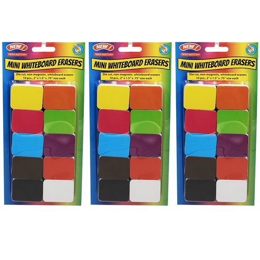 [78003-3 ASH] Ashley Productions® Non‑Magnetic Mini Whiteboard Erasers, Assorted — 3 Packs (30 mini erasers)