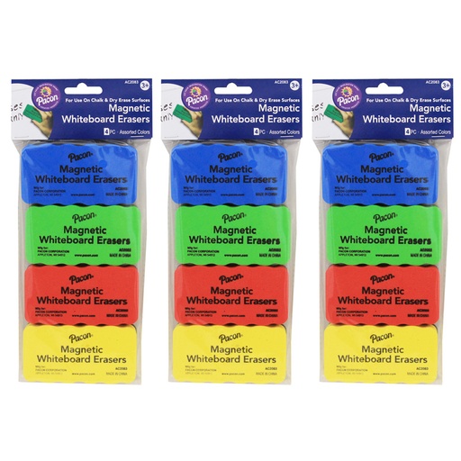 [AC2083-3 PAC] Magnetic Chalk & Whiteboard Eraser, 4 Assorted Colors, 2.25" x 4.25", 4 Erasers Per Pack, 3 Packs